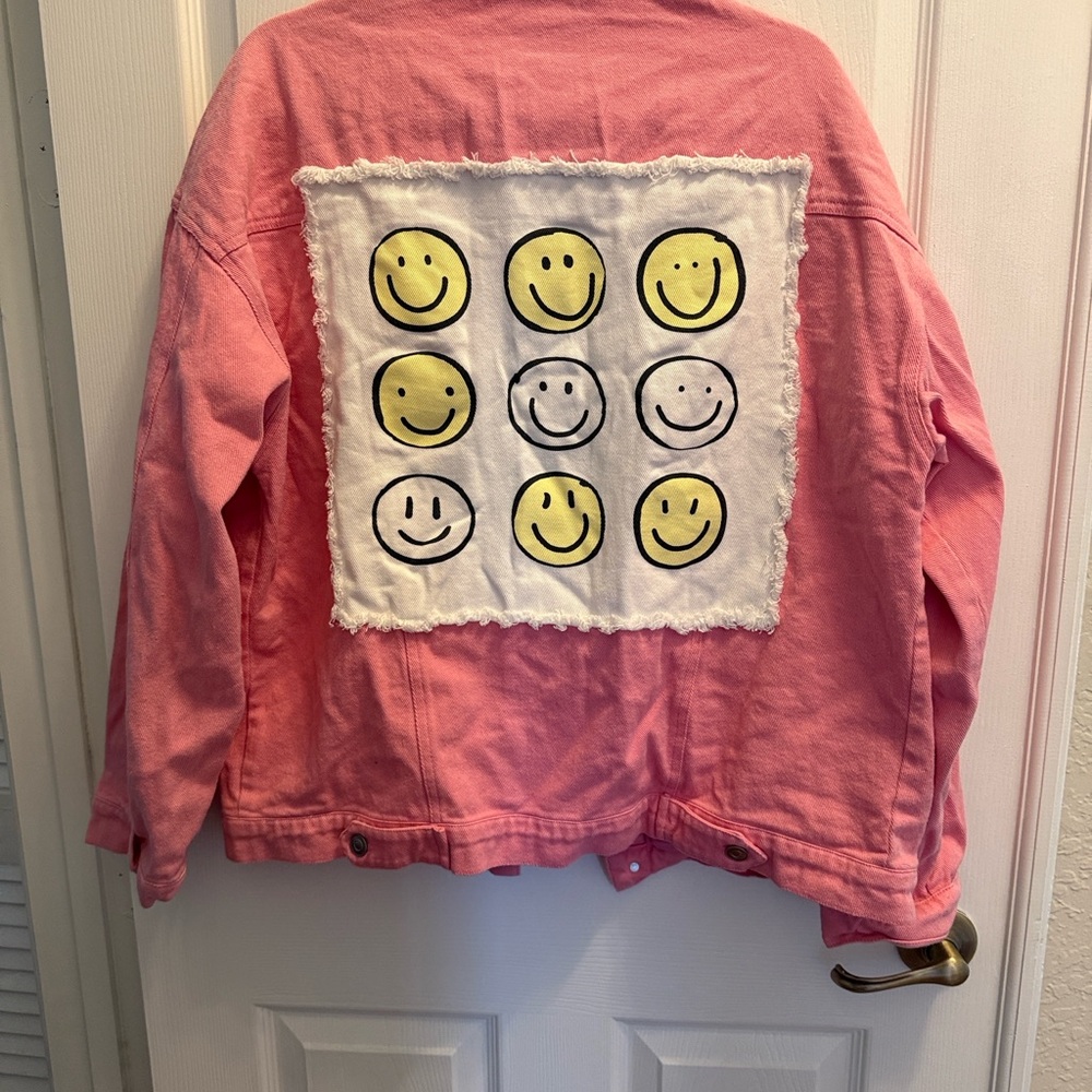 Fantastic Fawn Pink Denim Jacket with Smiley Patch on Back